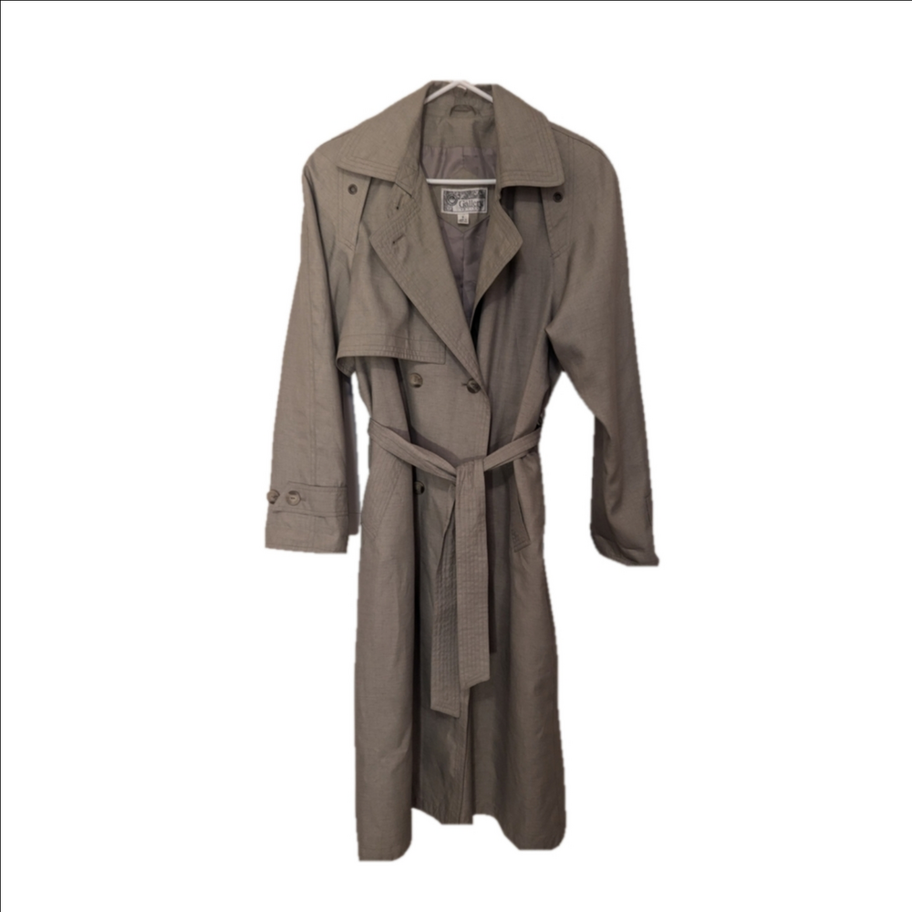 Gallery Petite Vintage Olive/Tan Rain Trench Coat Belt 8 Petite Shoulder pads